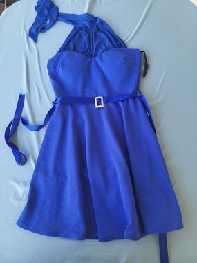 Vintage Y2K Solar U.S.A. Royal Blue Halter Skater Dress - Size Small